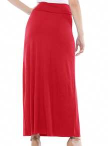 Maxi Length High Waist Foldable Waistband Solid Skirt  Plain  Casual  Elegant  Knitted Fabric        Home  Office  Street  Daily - Đỏ - Xem 3