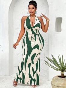 女式加大码春夏性感露背蝴蝶结连体裤，优雅商务休闲服 - 杏底綠花 - 查看 4