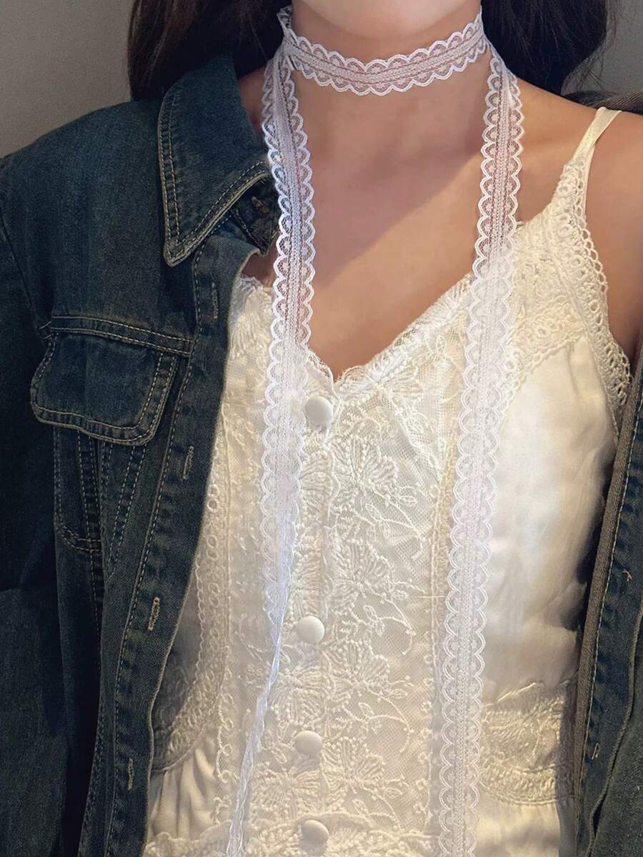 Layered White Lace Bow Waxed Cord Waist Belt, Ribbon Hair Band, Collor Neckband, Versatile For Spring/Summer - Ribbon - View 1