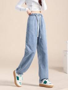 Women's Long Jeans Versatile Casual Wide-Leg Loose Regular Woven Thin Material New Retro High Waist Button Jeans Fashionable Slim Fit High Quality Affordable Best-Selling Jeans - 中藍色 - 查看 3