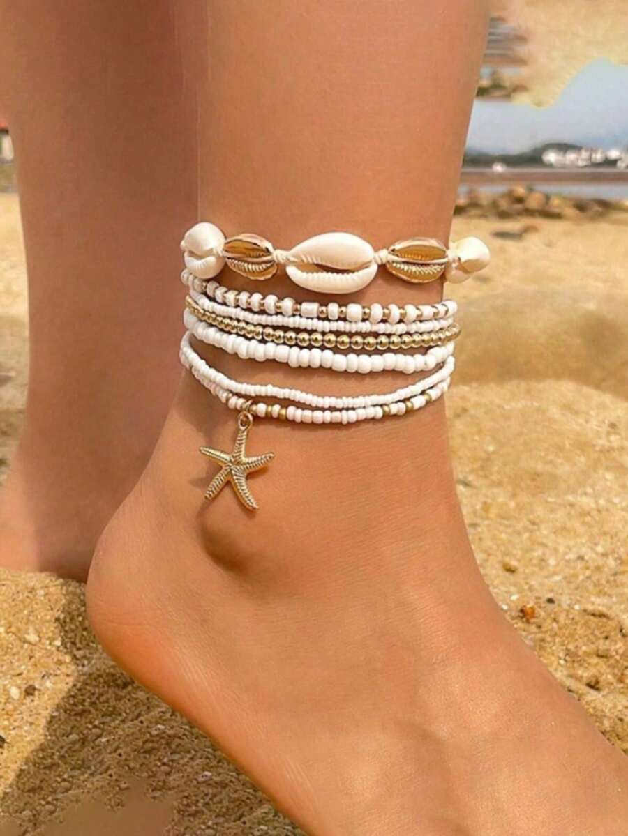 7pcs/Set Bohemian Style Shell And Bead Woven Ankle Set, Beach Themed Starfish And Rice Bead Foot Accessories