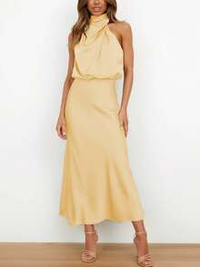 畅销欧美时尚女式缎面无袖中长黄色连衣裙，优雅百搭设计，派对晚礼服，夏季 - 黃色 - 查看 6