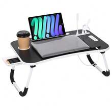 Laptop Bed Desk, Portable Foldable Laptop Table, Lap Desk Tray Table With 4 USB Ports, Storage Drawer And Cup Holder, For Bed/Couch Working, Reading - Pink - View 2