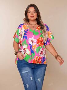 Plus Size Casual Loose Batwing Sleeve Short Sleeve V-Neck Blouse With Vacation Graphic Print, Front Short Back Long