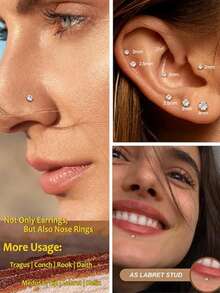 CIZME Khuyên môi/khuyên tai bằng thép titan 18G 6/8/10mm, ren trong, unisex; Khuyên môi/khuyên tai/khuyên mũi đáy phẳng bằng đá Cubic Zirconia khắc họa tiết G23 6/8/10mm ít gây dị ứng, bằng thép titan, phụ kiện đeo hàng ngày, phù hợp cho nữ. - Bạc - Xem 4