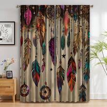 2pcs Vintage Boho Style Feather Window Curtains - Dreamcatcher & Turquoise Design, Rod Pocket, Suitable For Bedroom, Living Room, Kitchen, Office - Washable Polyester Fabric, Semi-Sheer, Perfect Home Decor, Living Room Curtains - Multicolor - View 5