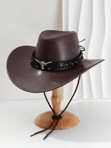 1pc Unisex Solid Color PU Leather Cowboy Hat, Unique Shiny 3D Bull Head Design With Leather & Metal Rivet Wide Belt Decor, Wide Brim Sun Protection Hat, New Vintage Wide Brim Sun Hat, Adjustable Cord Cyberpunk Stylish Cool Novelty Punk Style Wide Brim Cap