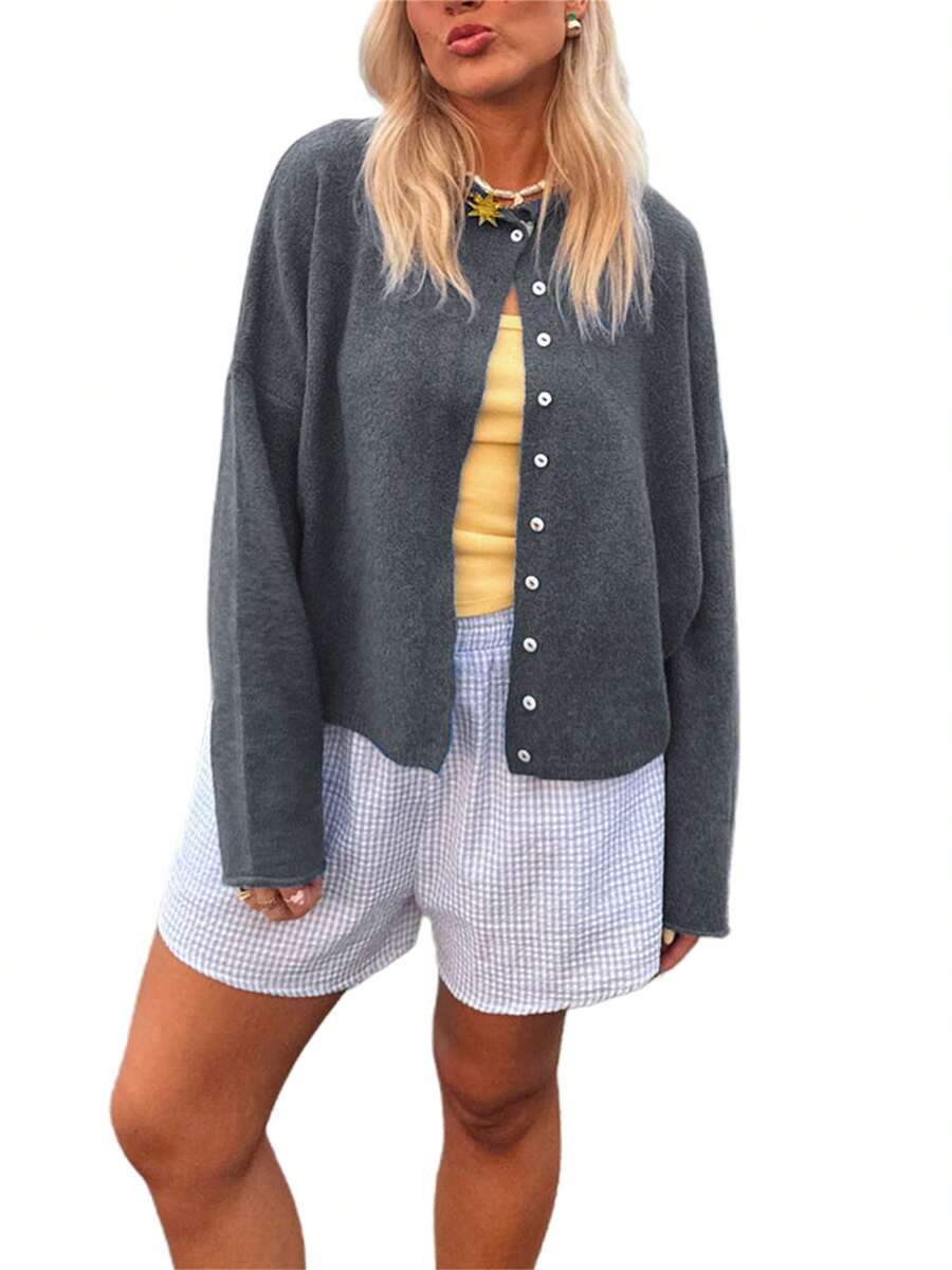 Women's Solid Color Knit Cardigan Fuzzy Long Sleeve Button-Front Closure Sweaters - Grey - View 1