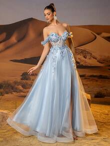 3D Flower Tulle Prom Dresses Long Off Shoulder Corset Sparkly Sequin Lace Embroidery Formal Party Gown For Women High Split A Line Homecoming Dresses For Teen - Blue - View 11