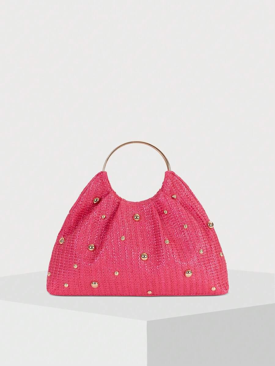 Fashionable Women's S Handbag With Rivet Decor Ruched Straw Bag Woven Purse Summer Top Handle Bag - Hot Pink - View 1