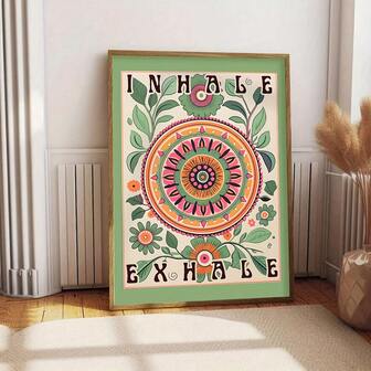 1 st bohemiskt blomtryck "Andas ut" canvastavla - salviagrön mandala väggdekor, oramad, livfull blomsterdesign för vardagsrum eller sovrum, rumsdekorationsposter