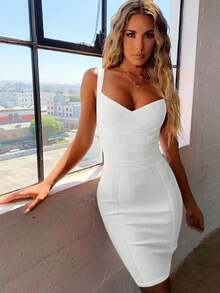 Summer Elegant Spaghetti Strap V Neck Short Bodycon Dress Women Ribbed Bandage Dress Sexy White Night Out Cocktail Party Dress Clothes - White - View 7