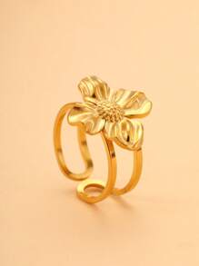 1 pieza Anillo de acero inoxidable con flor dorada y forma de corazón con gema falsa, apto para uso diario para mujeres