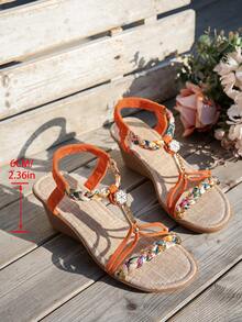 WRCVS Sandal quai đan bạc, giày đế xuồng cao, đế dày, thủ công đính cườm, sandal đế xuồng nhẹ nhàng phong cách bohemian cho kỳ nghỉ. - trái cam - Xem 6