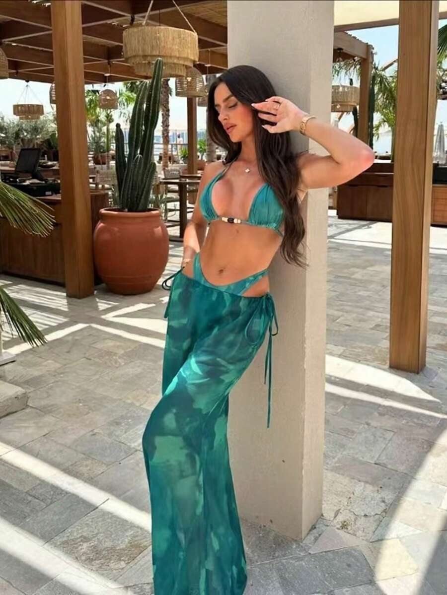 Elegant Party Women's Backless Tie-Up Side Thong Bikini, Semi-Sheer Skirt 3-Piece Swimsuit - Green - View 1