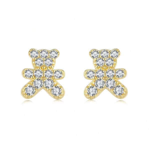 1 Pair 925 Silver Shiny Golden Color Crystalized Teddy Bear Stud Earrings, Delicate & Cute Design, Suitable For Daily Wear, Adding Sweet Charm