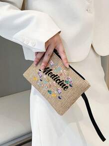 Conjunto de duas peças de linho com bordas amarelas e pretas, com as letras "Med" e estampas coloridas de suprimentos médicos, apresentando um design de nicho de bolsa de lona feminina da moda, bolsa de linho grosso com botões da moda, sacola de compras multifuncional, presente de agradecimento, design inovador, grande capacidade, presente personalizado para aniversários de casamento e de amigos, adequado para férias, vida cotidiana, passeios e compras de supermercado.