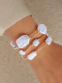 3pcs/Set Fashionable Baroque Faux Pearl Elastic Bracelets, Elegant Bracelet Set For Women, Suitable For Daily, Dating, Party, Wedding Jewelry Wear