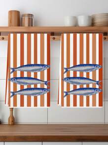 2pcs Kitchen Towels Sardines Orange Stripes Nautical Style Farmhouse Dish Towels Kitchen Dishwashing Hand Tea Towels Kitchen Decor Table Decor Kitchen Supplies For Kitchen Dining Table Suitable For Daily Use And Cleaning