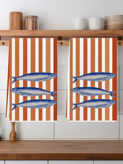2pcs Kitchen Towels Sardines Orange Stripes Nautical Style Farmhouse Dish Towels Kitchen Dishwashing Hand Tea Towels Kitchen Decor Table Decor Kitchen Supplies For Kitchen Dining Table Suitable For Daily Use And Cleaning