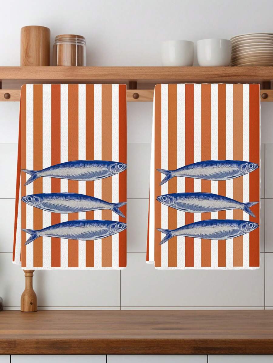 2pcs Kitchen Towels Sardines Orange Stripes Nautical Style Farmhouse Dish Towels Kitchen Dishwashing Hand Tea Towels Kitchen Decor Table Decor Kitchen Supplies For Kitchen Dining Table Suitable For Daily Use And Cleaning