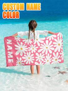 Toalha de praia personalizada com nome para meninos e meninas, 1 peça, flores clássicas, várias cores, toalha de praia para pais e filhos, absorvente, multifuncional, secagem rápida, respirável, reutilizável, requintada, confortável, macia, moderna
