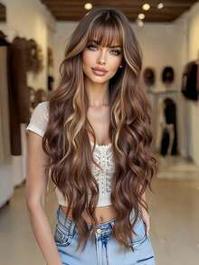Tóc giả xoăn màu nâu thanh lịch dài 28 inch có mái, phù hợp cho nữ - Tóc giả tổng hợp mềm mại, chịu nhiệt, phù hợp cho tạo kiểu hàng ngày và các dịp đặc biệt, kiểu tóc đa năng, tóc xoăn gợn sóng ngang vai. - Màu nâu highlight - Xem 1