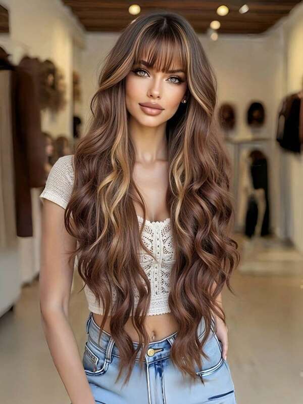 Peluca ondulada y rizada de 28 pulgadas de color marrón elegante con flequillo, adecuada para damas - peluca sintética suave y resistente al calor, apta para looks diarios y ocasiones especiales, multiusos, rizos ondulados a la altura de los hombros