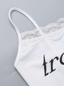 Women's Summer Jumpsuit, Slim Fit Shaping, Solid Color Letter Print, Comfortable Casual, Sexy Lace Trim Shorts Jumpsuit, Backless Contrast Lace Spaghetti Strap Design, Versatile For All Seasons, Black Summer Style, Suitable For Birthday Party, Outdoor Commute, Gathering, Valentine's Day, Date, Travel, Vacation, Beach And Other Occasions Elegant - White - View 4