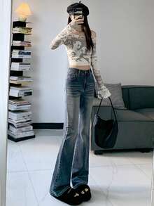 女式休闲日常水洗斜口袋喇叭牛仔裤 - 中等水洗藍 - 查看 3