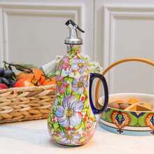 1 pieza Dispensador de aceite de cerámica, bomba de aceite de oliva de cerámica pintada a mano y asa, botella de aceite de cocina, patrón floral elegante, gran capacidad, accesorio de cocina, adecuado para la decoración de la cocina del hogar - Multicolor - Ver 14