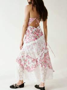 Summer Boho Maxi Dresses For Women Casual Y2k Floral Print Sleeveless Lace Patchwork Backless Ruffles Long Dress Spaghtti Strap Sling Dress Beach Vacation Sundress Streetwear Flowy Swing Dress - 粉色 - 查看 2