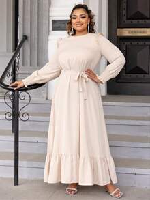 加大码新娘妈妈圆领长袖纯色腰带荷叶边下摆礼服 - 杏色 - 查看 5