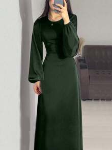 Women's Elegant Solid Color Round Neck Lantern Sleeve Slim Waist Dress - Green - View 1