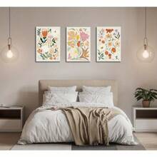 Juego de 3 pinturas en lienzo de flores bohemias, arte de pared abstracto botánico con floral, cuadros de pared, pósteres minimalistas de plantas, impresiones artísticas para sala de estar, dormitorio, oficina y decoración del hogar - Pintura mural enmarcada en tres piezas, arte de pared con marco