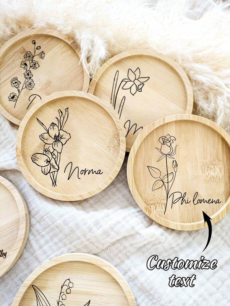 1pc Customized Floral Design Bamboo Trivet Mat, Wedding Decoration, Birthday Gift, Anniversary Present, Customized Trivet