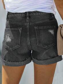 Women's Casual Distressed Button Denim Shorts - 灰色 - 查看 3