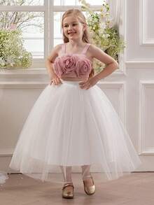 Tween Girls' Mesh Valentine's Day Party Princess Dress, Suitable For Children's Birthday Party, Flower Girl, Wedding, Formal Occasion, Holiday Celebration - Pink - View 3