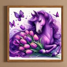 1pc Purple Horse & Flower - 5D Diamond Painting Kit For Adults, DIY Diamond Painting Full Drill For Beginners, Home Wall Decor, Suitable For Beginners, 5D Diamond Painting Kit, Complete Diamond Mosaic Set, Suitable For Home Wall Decor And Friend's Holiday Gifts, Unframed Canvas Wall Art, Applicable For Bedroom, Office, Living Room