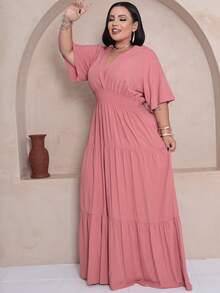 Plus Size Long Dress V Neck Short Sleeve - Burnt Pink - View 4