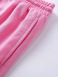 2025 Rave Party Outfit: 2pcs Neon Pink Women's Set | Cropped Sports T-Shirt And Shorts, Casual Sporty Style, Music Festival Essential, Streetwear, European Autumn Fashion, Back To School, Nightclub Attire, Going Out Look - Pink - View 9