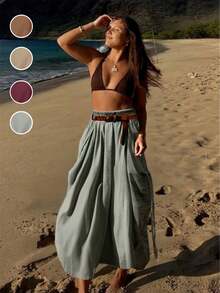 Women Casual Boho Drawstring Big Pockets Bohemian Loose Skirt, Vacation Outfits - 灰色 - 查看 6