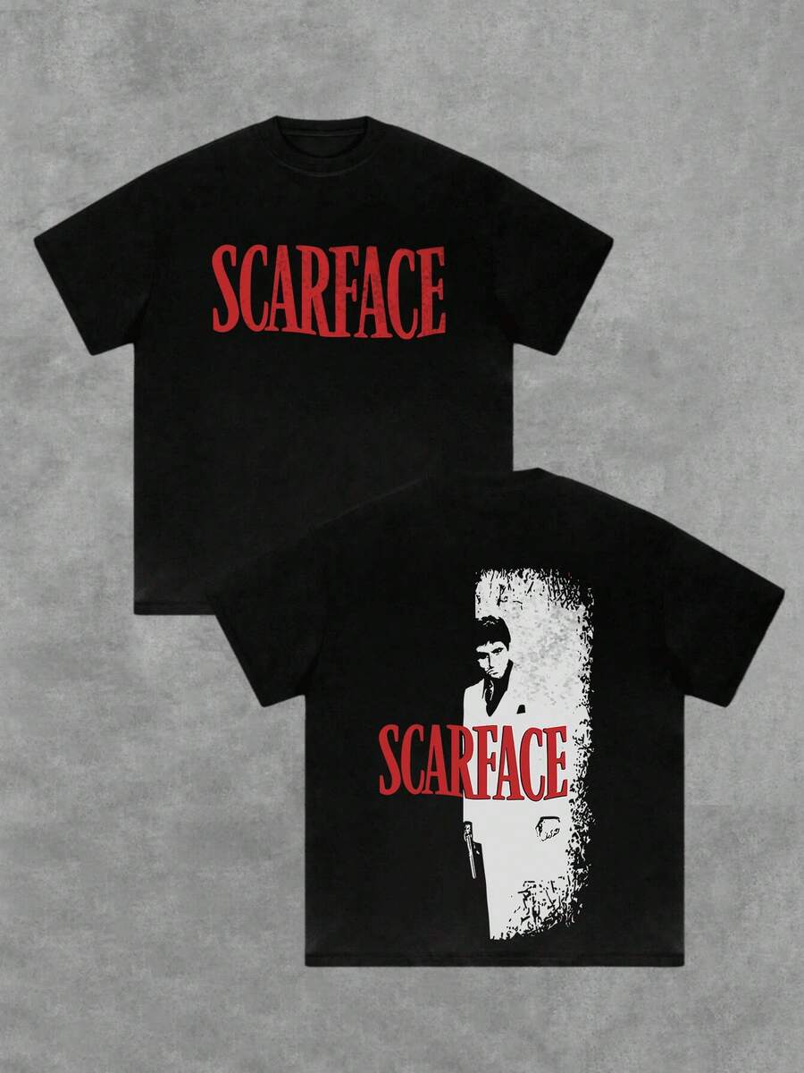 Playera de verano para hombre, estampado de silueta de personaje, cuello redondo, manga corta, 100% algodón, 220g, algodón grueso, cómoda - Negro - Ver 1