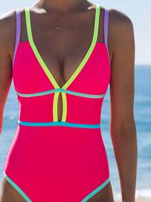 popvil Beach Vacation Deep V-Neck Color Block One-Piece Swimsuit - Hot Pink - View 3