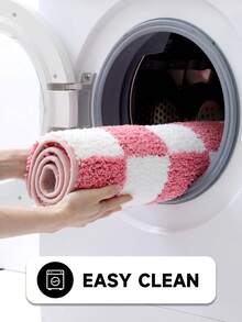 1pc Pink Checkered Bath Mat, Soft Flocked, Non-Slip Bottom, Highly Absorbent, Breathable, Machine Washable, Suitable For Sink, Bedroom, Bathroom, Home Decor, Thick Flocked Material, Suitable For Entryway, Bathroom, Kitchen And Other Spaces - Multicolor - View 8