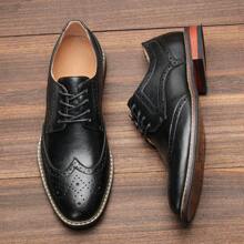 Men's Brogue Business Shoes, Embossed Leather Uppers Vintage Style, Wooden Heel Rubber Outsole, White Stitching