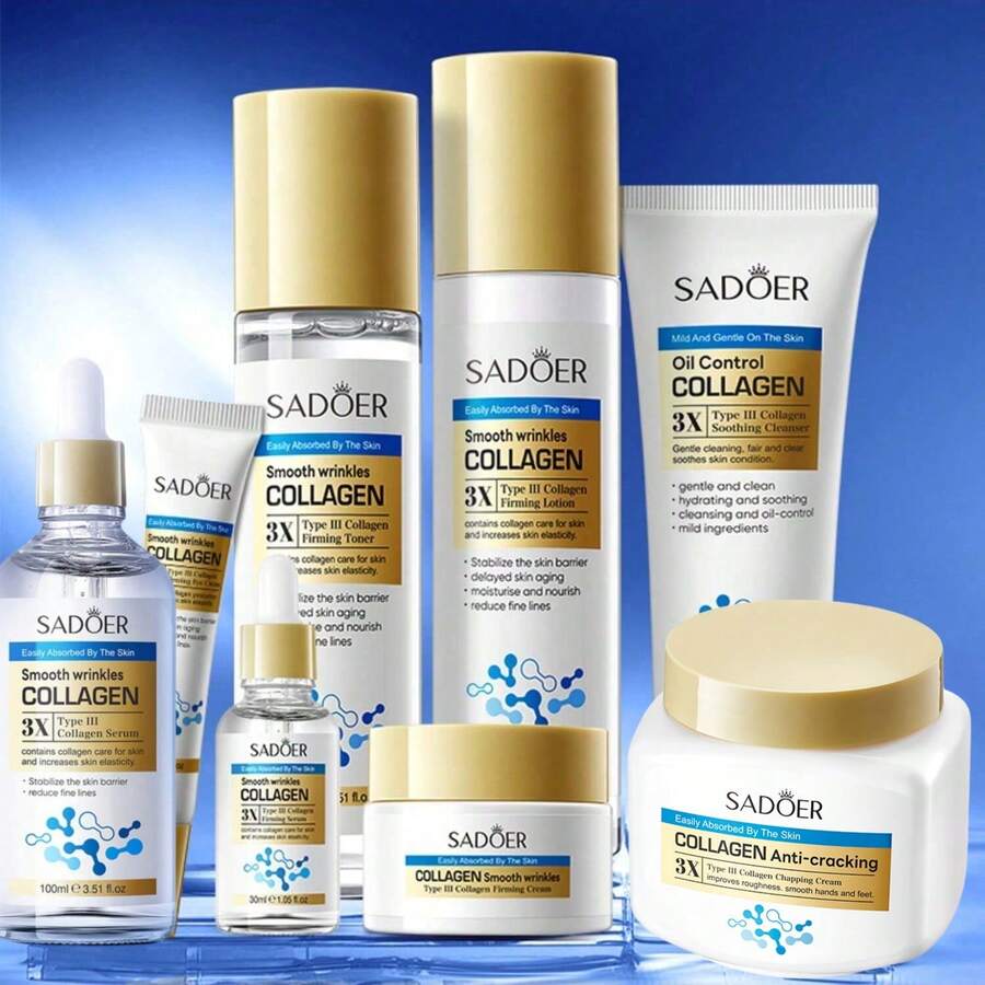 3X胶原蛋白紧致护肤系列，胶原蛋白洁面乳，胶原蛋白精华，胶原蛋白爽肤水，胶原蛋白乳液，胶原蛋白眼霜，胶原蛋白身体乳液，3件/套胶原蛋白护肤套装，抚平面部细纹，滋润滋养肌肤，增加皮肤弹性，延缓皮肤衰老淡化皱纹 - 彩色 - 查看 1