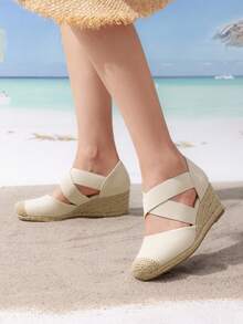 Women's Close Toe Espadrilles Platform Slip On Elastic  Cross Straps Dressy Wedges Sandals Matching Dress - 米色 - 查看 4