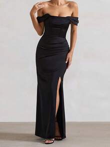 一件纯色优雅针织高开衩拉链连衣裙，适合派对、约会、婚礼、正式晚宴、花园等场合，四季皆宜，黑色夏季款 - 黑色 - 查看 2