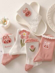 3pairs/Set Women's Pink Lace Cartoon Rabbit Design Mid-Calf Socks, Cute & Versatile, Ideal For Daily Wear - Multicolor - View 1